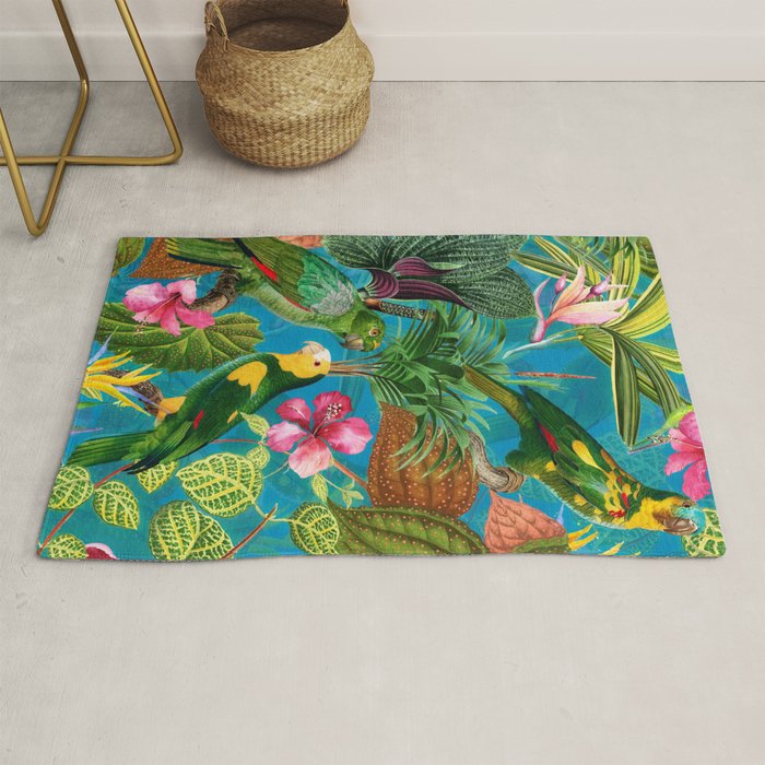 Vintage & Shabby Chic - Hot Exotic Tropical Birds Jungle Rug Gallery Image 1