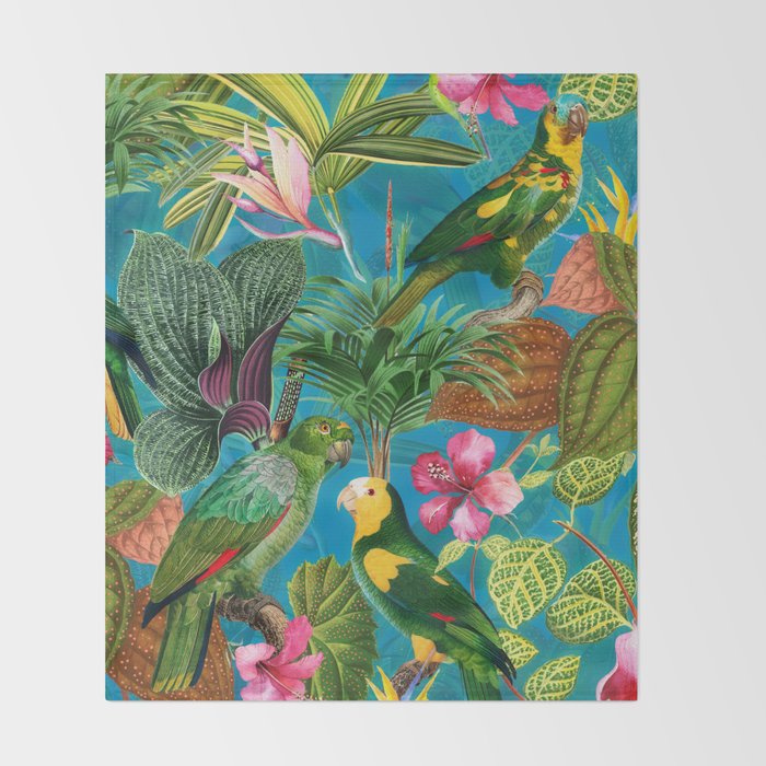 Vintage & Shabby Chic - Hot Exotic Tropical Birds Jungle Throw Blanket Gallery Image 2