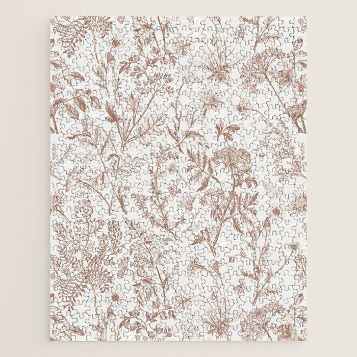 Meadow Floral Herbarium Cottagecore Botanical Monochromatic Pattern - Mocha Mousse  Jigsaw Puzzle Gallery Image 1
