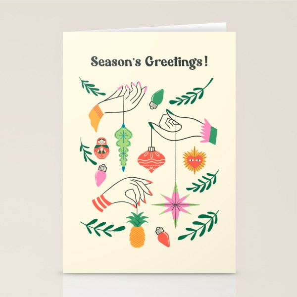 Tree Trimming Hands and Retro Ornaments Stationery Card Gallery Image 2