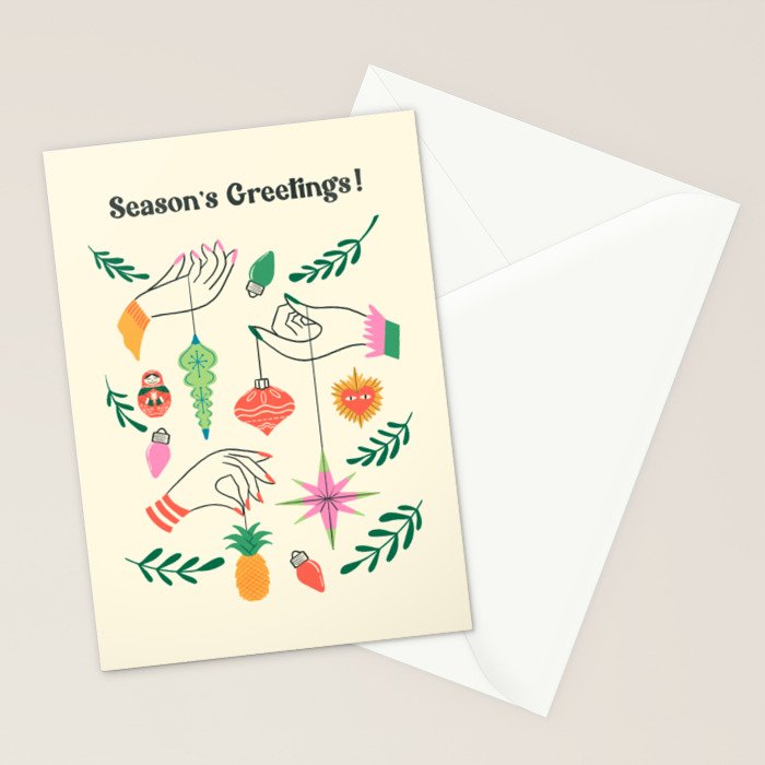 Tree Trimming Hands and Retro Ornaments Stationery Card Gallery Image 2