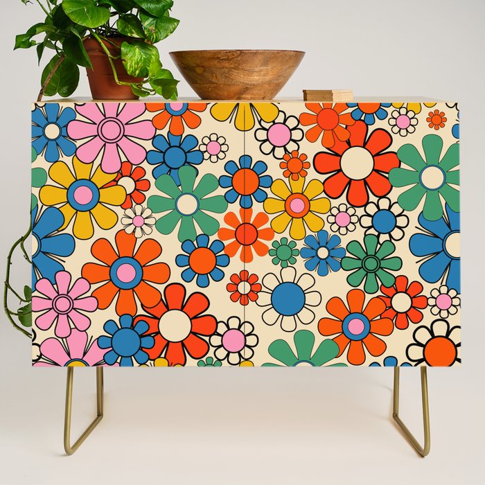 Groovy Retro Garden Flowers Colorful 60s 70s Floral Pattern Credenza Gallery Image 1