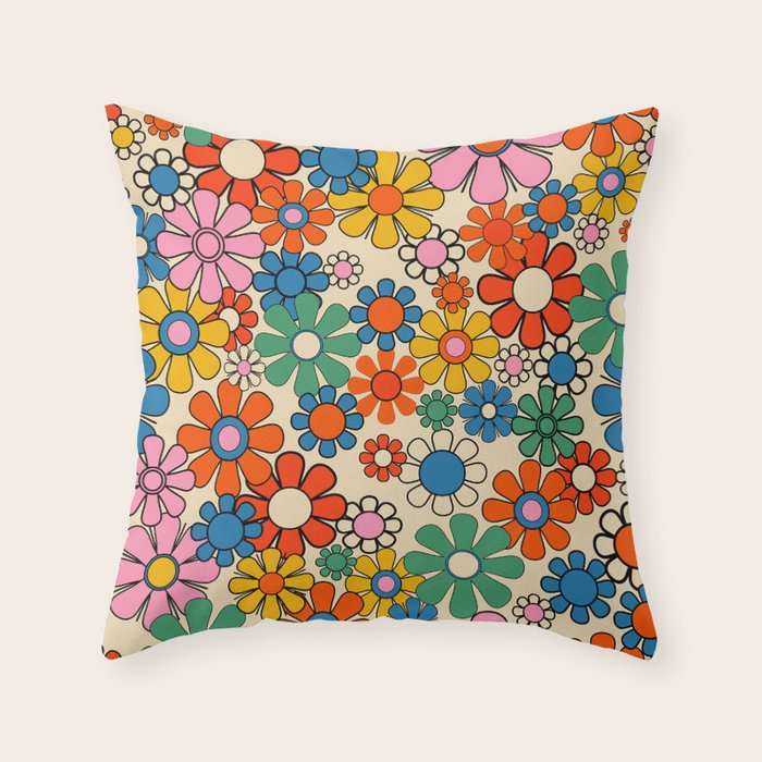 Groovy Retro Garden Flowers Colorful 60s 70s Floral Pattern Throw Pillow Gallery Image 6