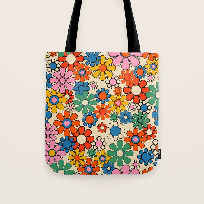 Groovy Retro Garden Flowers Colorful 60s 70s Floral Pattern Tote Bag Gallery Image 1