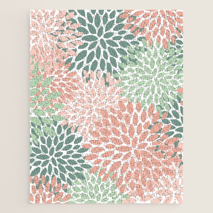 Festive, Abstract Floral Prints, Coral and Green Jigsaw Puzzle Gallery Image 1