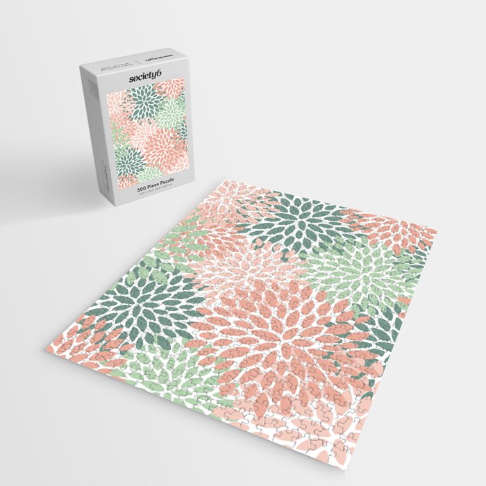 Festive, Abstract Floral Prints, Coral and Green Jigsaw Puzzle Gallery Image 2