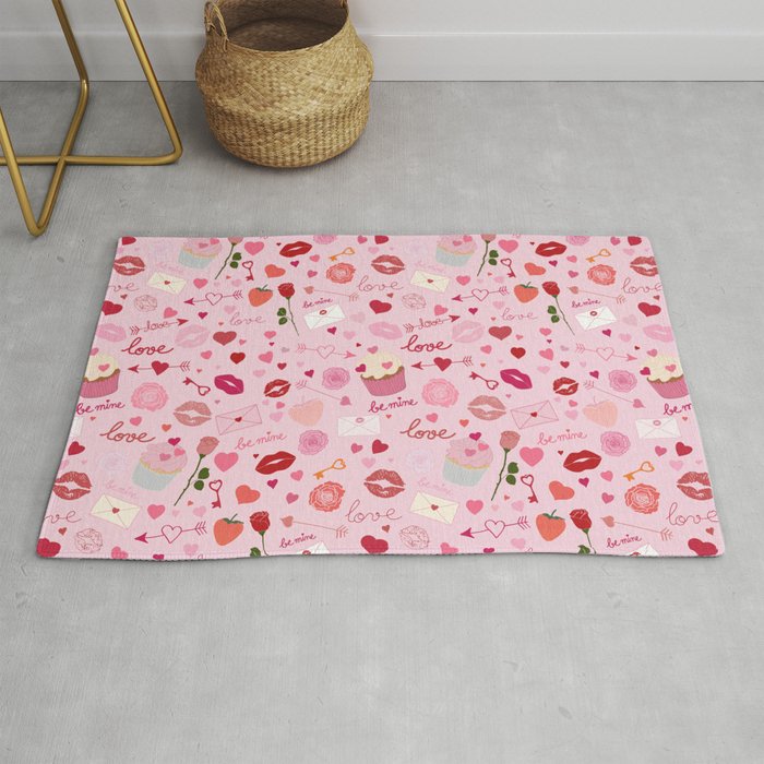 Pink valentine's Day with Kisses, Cupcakes and Roses Rug Gallery Image 1