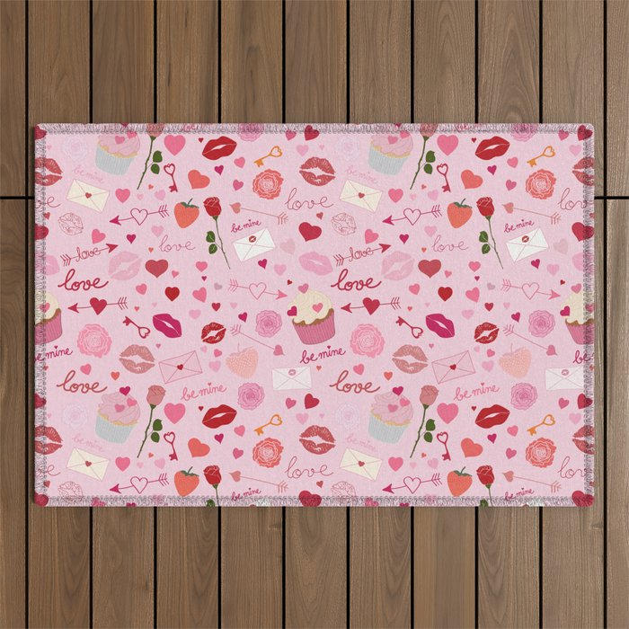 Pink valentine's Day with Kisses, Cupcakes and Roses Outdoor Rug Gallery Image 1
