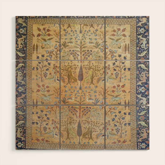 Antique Golden Animal Forest Persian Tabriz Rug Print Wood Wall Art Gallery Image 1