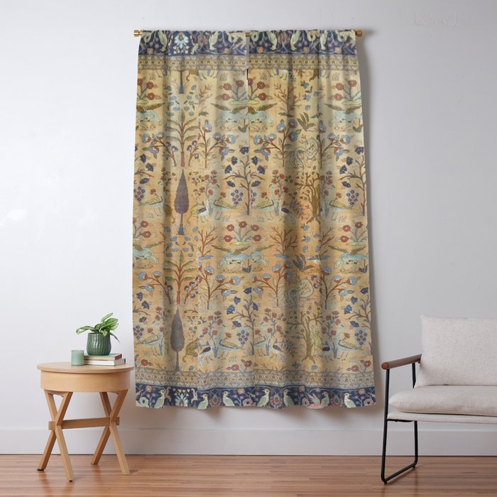 Antique Golden Animal Forest Persian Tabriz Rug Print Window Curtain Gallery Image 1