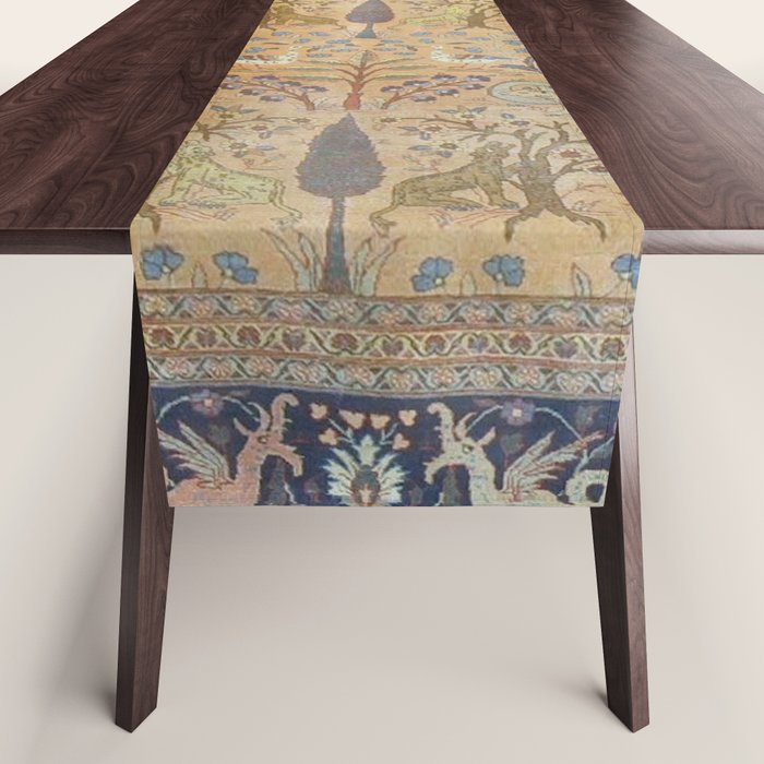 Antique Golden Animal Forest Persian Tabriz Rug Print Table Runner
