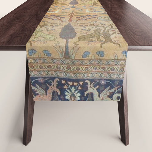 Antique Golden Animal Forest Persian Tabriz Rug Print Table Runner Gallery Image 1