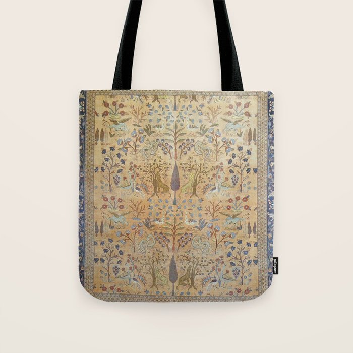 Antique Golden Animal Forest Persian Tabriz Rug Print Tote Bag Gallery Image 1