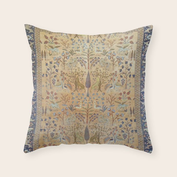 Antique Golden Animal Forest Persian Tabriz Rug Print Throw Pillow Gallery Image 6