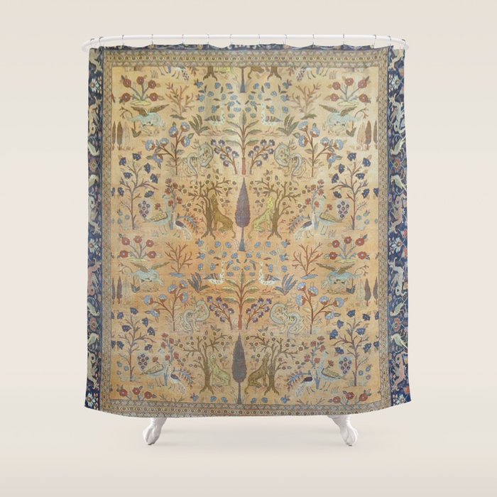Antique Golden Animal Forest Persian Tabriz Rug Print Shower Curtain Gallery Image 1