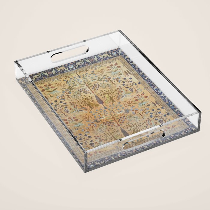 Antique Golden Animal Forest Persian Tabriz Rug Print Acrylic Tray Gallery Image 1