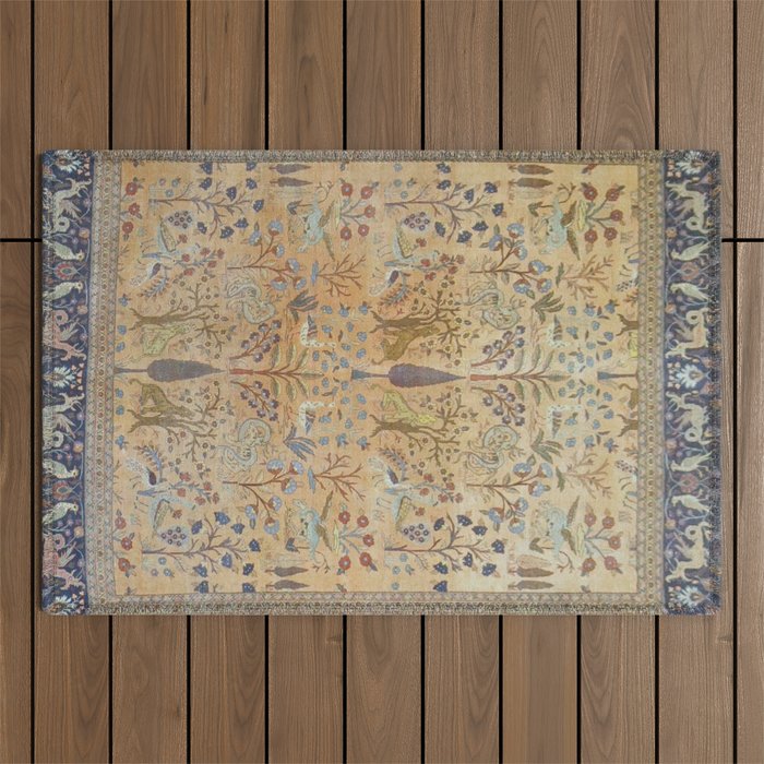 Antique Golden Animal Forest Persian Tabriz Rug Print Outdoor Rug Gallery Image 1