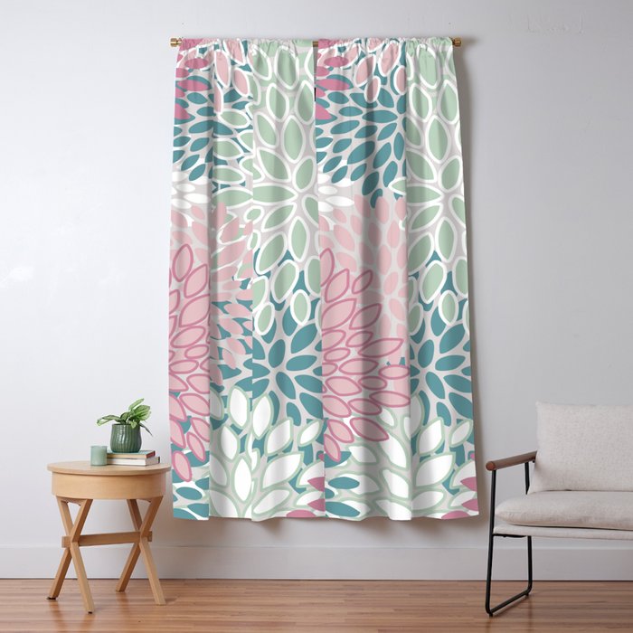 Floral Blooms, Soft Pink, Green and Teal, Design Prints Window Curtain Gallery Image 1