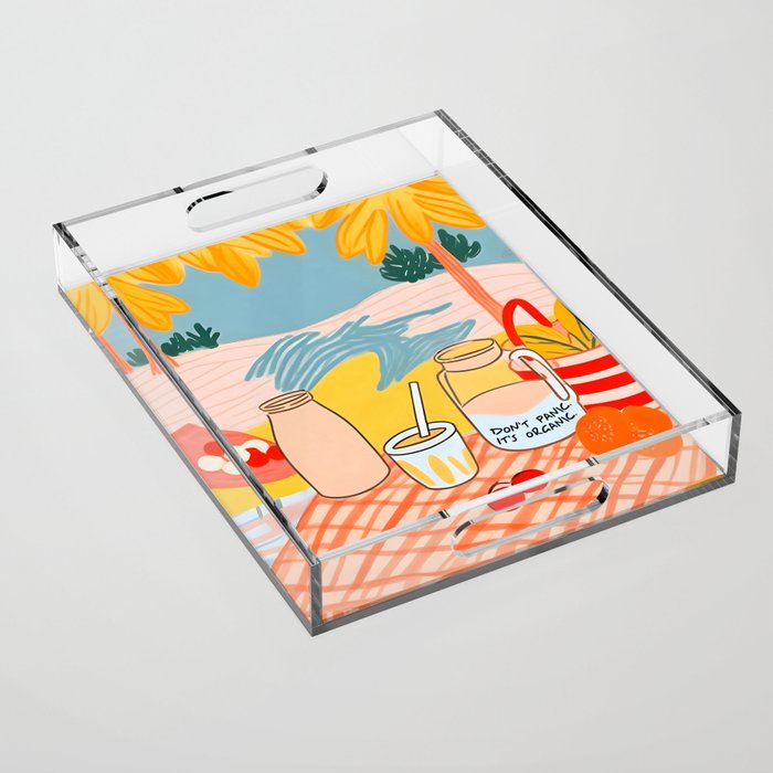 Don't Panic, It's Organic | Picnic Breakfast Travel Milk Food, Illustration Line art Drawing Minimal, Eclectic Modern Boho Painting Acrylic Tray Gallery Image 1