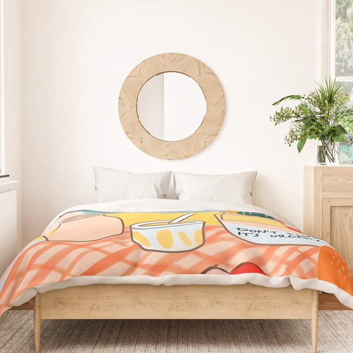 Don't Panic, It's Organic | Picnic Breakfast Travel Milk Food, Illustration Line art Drawing Minimal, Eclectic Modern Boho Painting Duvet Cover Gallery Image 3