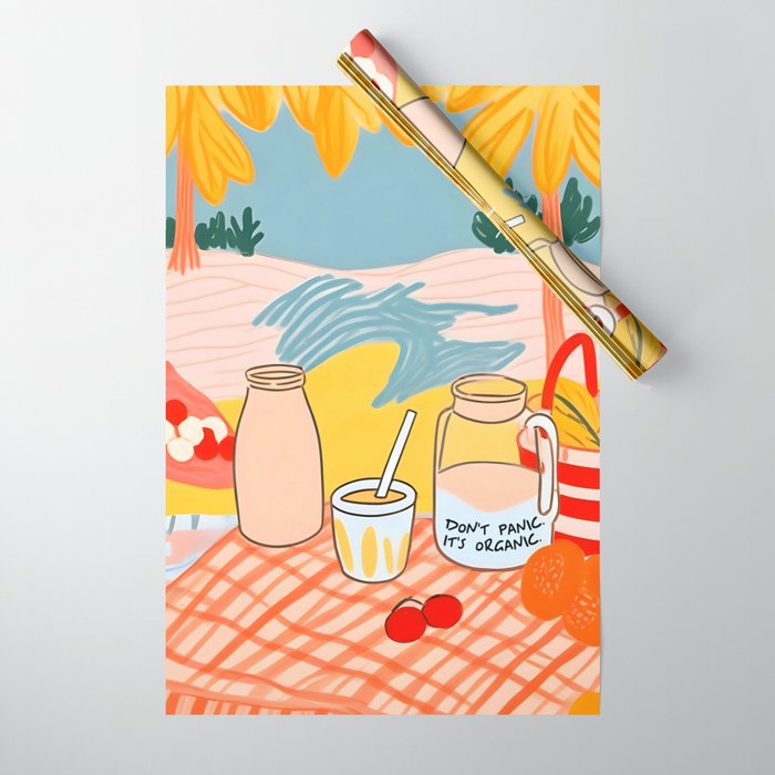 Don't Panic, It's Organic | Picnic Breakfast Travel Milk Food, Illustration Line art Drawing Minimal, Eclectic Modern Boho Painting Wrapping Paper Gallery Image 1