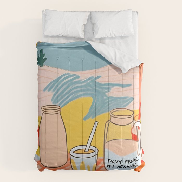 Don't Panic, It's Organic | Picnic Breakfast Travel Milk Food, Illustration Line art Drawing Minimal, Eclectic Modern Boho Painting Comforter Gallery Image 6