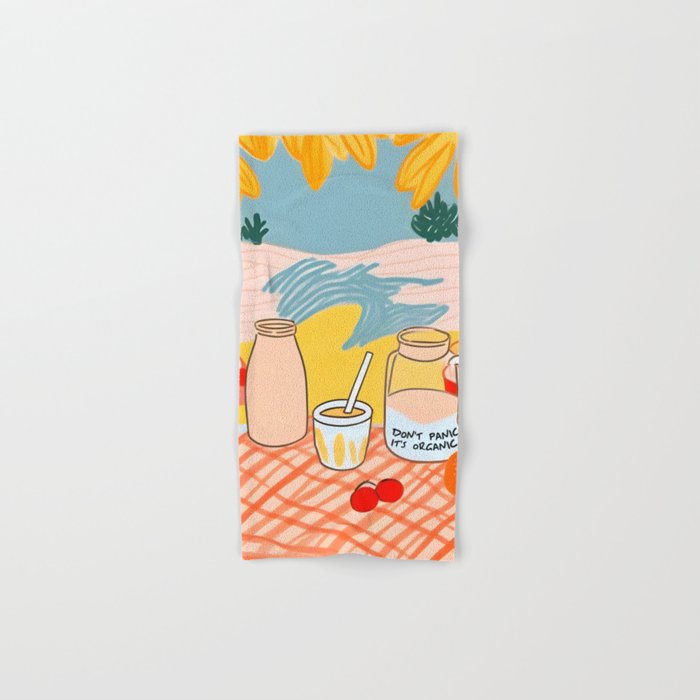 Don't Panic, It's Organic | Picnic Breakfast Travel Milk Food, Illustration Line art Drawing Minimal, Eclectic Modern Boho Painting Bath Towel Gallery Image 1