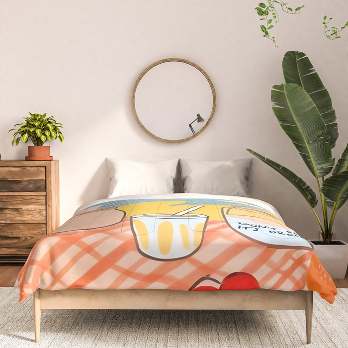 Don't Panic, It's Organic | Picnic Breakfast Travel Milk Food, Illustration Line art Drawing Minimal, Eclectic Modern Boho Painting Comforter Gallery Image 3