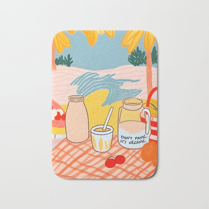 Don't Panic, It's Organic | Picnic Breakfast Travel Milk Food, Illustration Line art Drawing Minimal, Eclectic Modern Boho Painting Bath Mat Gallery Image 1