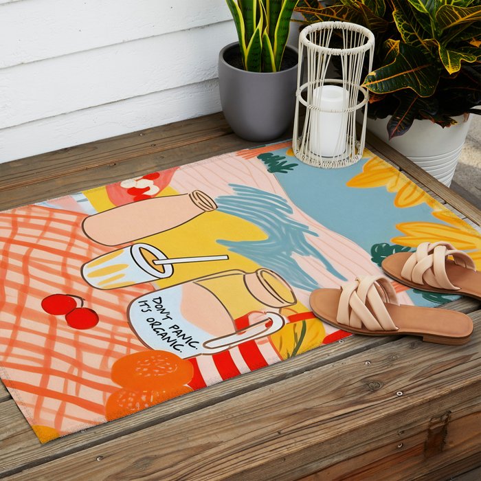 Don't Panic, It's Organic | Picnic Breakfast Travel Milk Food, Illustration Line art Drawing Minimal, Eclectic Modern Boho Painting Outdoor Rug Gallery Image 2