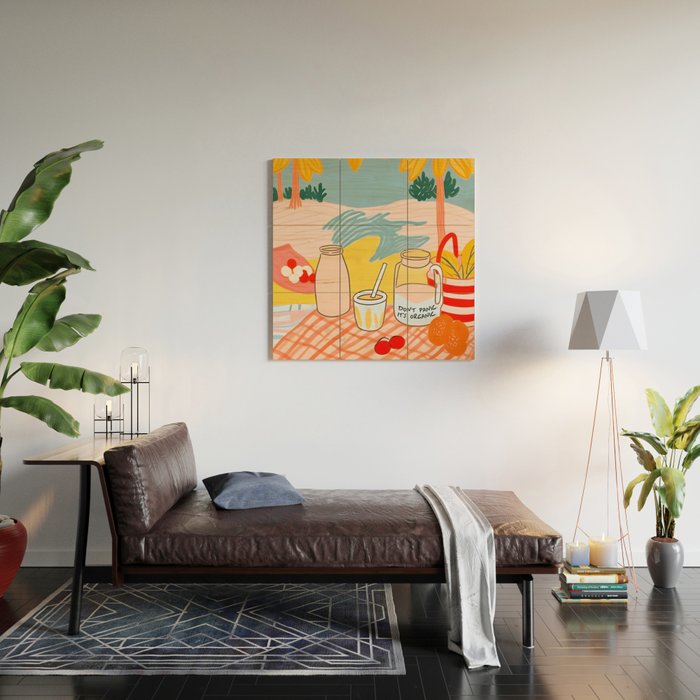 Don't Panic, It's Organic | Picnic Breakfast Travel Milk Food, Illustration Line art Drawing Minimal, Eclectic Modern Boho Painting Wood Wall Art Gallery Image 2