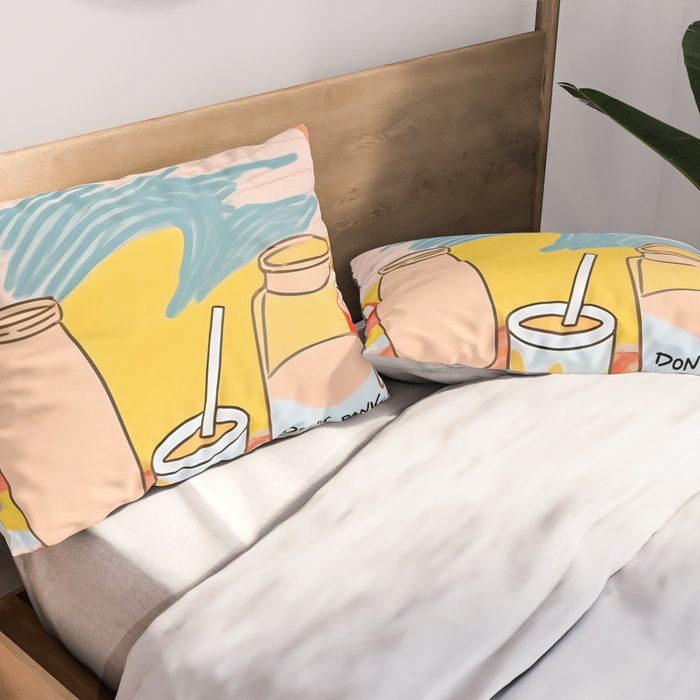 Don't Panic, It's Organic | Picnic Breakfast Travel Milk Food, Illustration Line art Drawing Minimal, Eclectic Modern Boho Painting Pillow Sham Gallery Image 2