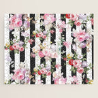 Bold pink watercolor roses floral black white stripes Jigsaw Puzzle Gallery Image 1