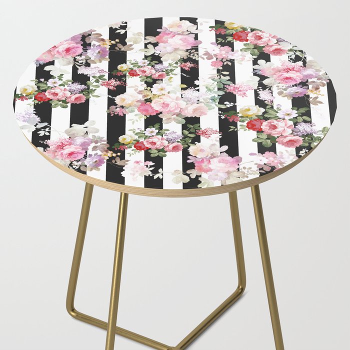 Bold pink watercolor roses floral black white stripes Side Table Gallery Image 2