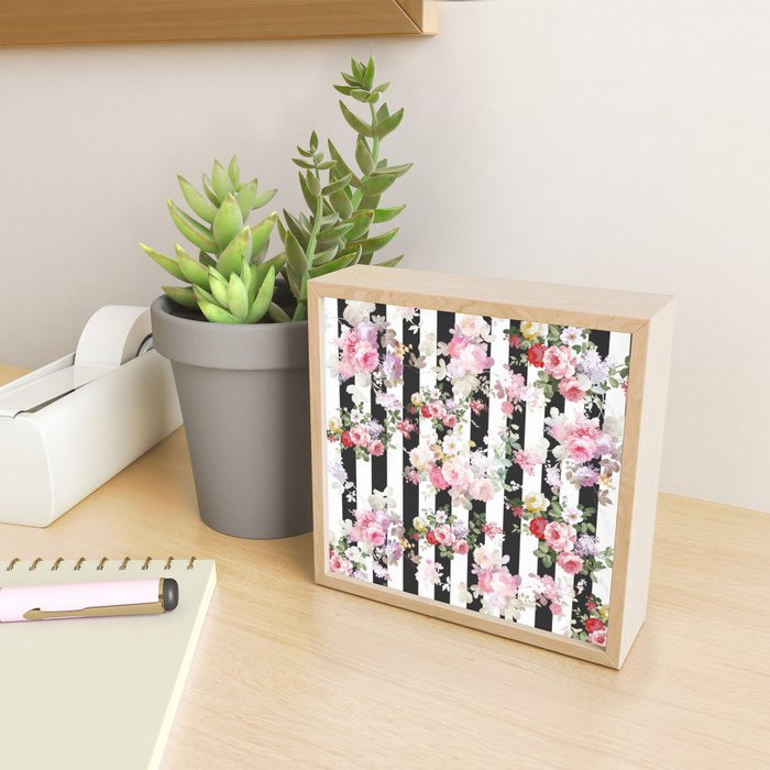 Bold pink watercolor roses floral black white stripes Mini Art Print Gallery Image 2