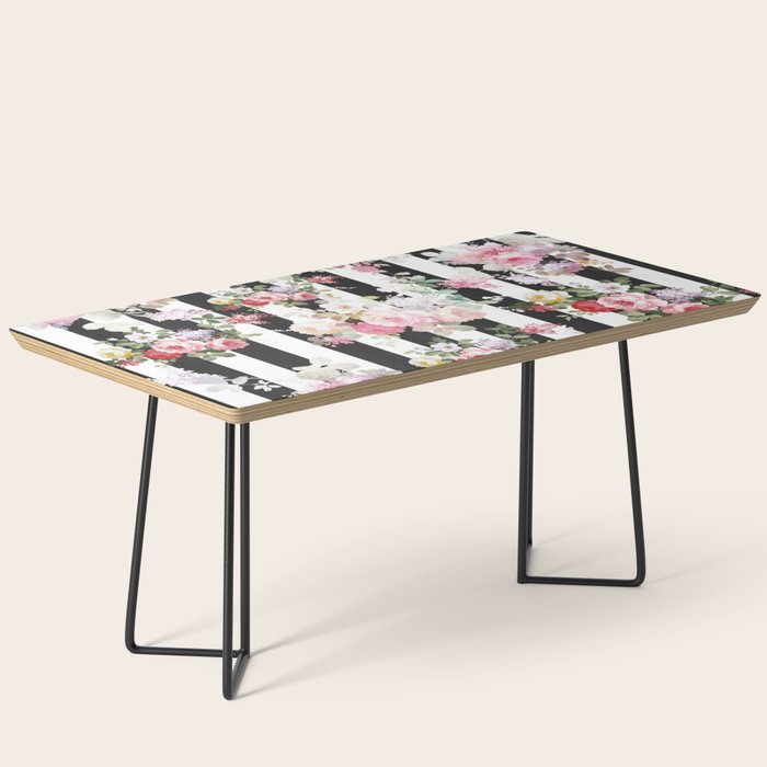 Bold pink watercolor roses floral black white stripes Coffee Table Gallery Image 1