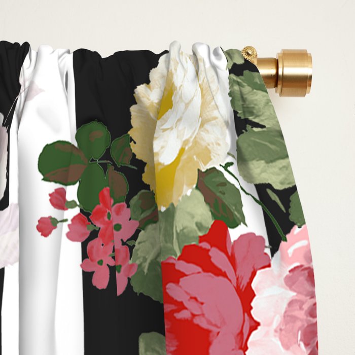 Bold pink watercolor roses floral black white stripes Window Curtain Gallery Image 2