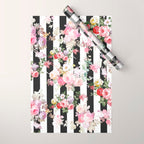 Bold pink watercolor roses floral black white stripes Wrapping Paper Gallery Image 1
