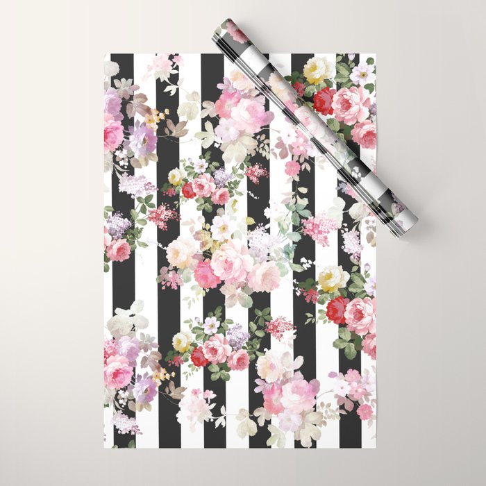 Bold pink watercolor roses floral black white stripes Wrapping Paper Gallery Image 1