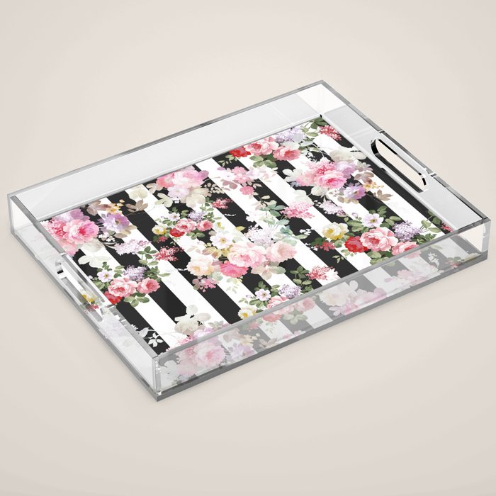 Bold pink watercolor roses floral black white stripes Acrylic Tray Gallery Image 1