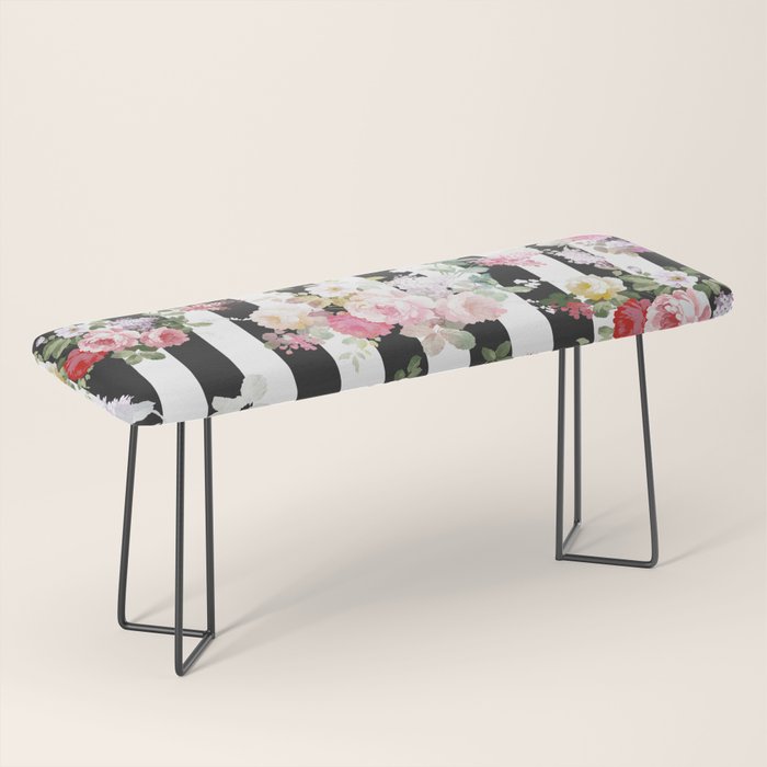 Bold pink watercolor roses floral black white stripes Bench Gallery Image 1