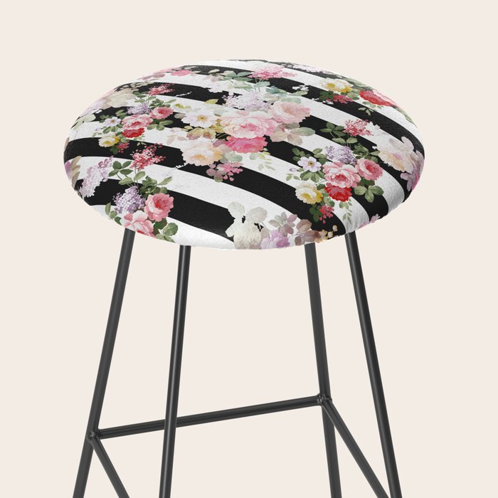 Bold pink watercolor roses floral black white stripes Stool Gallery Image 2