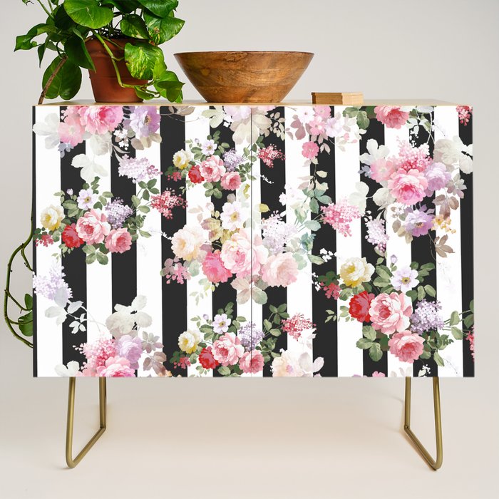 Bold pink watercolor roses floral black white stripes Credenza Gallery Image 1