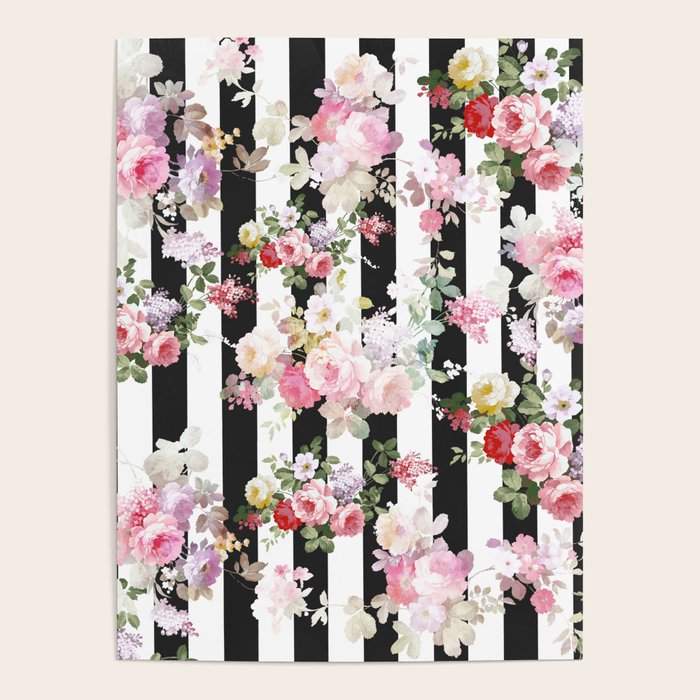 Bold pink watercolor roses floral black white stripes Poster Gallery Image 1