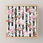 Bold pink watercolor roses floral black white stripes Mini Art Print Gallery Image 1