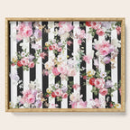 Bold pink watercolor roses floral black white stripes Serving Tray Gallery Image 1
