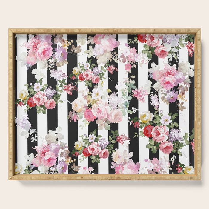 Bold pink watercolor roses floral black white stripes Serving Tray Gallery Image 1
