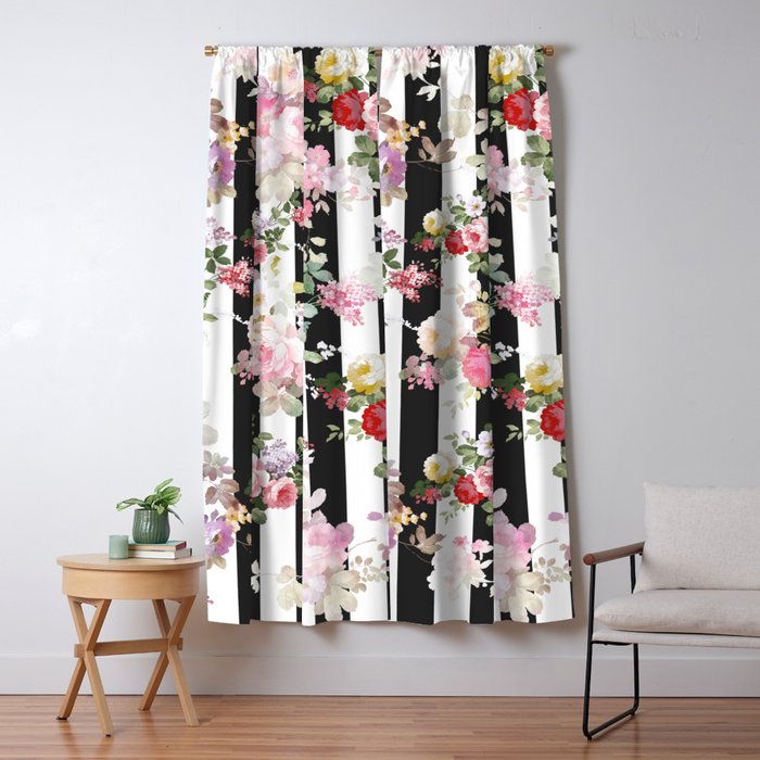 Bold pink watercolor roses floral black white stripes Window Curtain Gallery Image 5