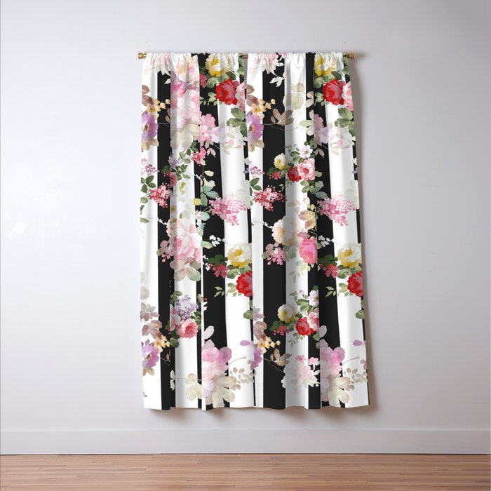 Bold pink watercolor roses floral black white stripes Window Curtain Gallery Image 3
