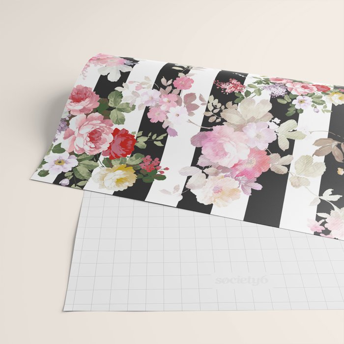 Bold pink watercolor roses floral black white stripes Wrapping Paper Gallery Image 2